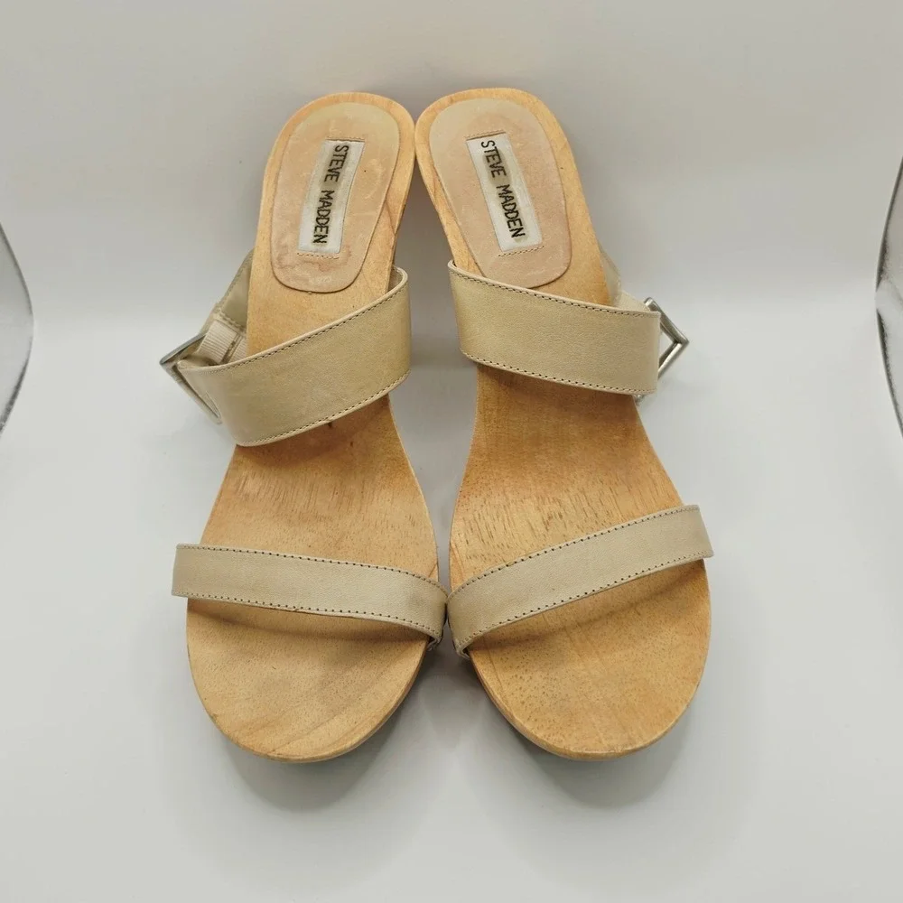 Steve Madden Staci Platform Sandals Womens 10B Beige Wood Leather Buckle Slides
